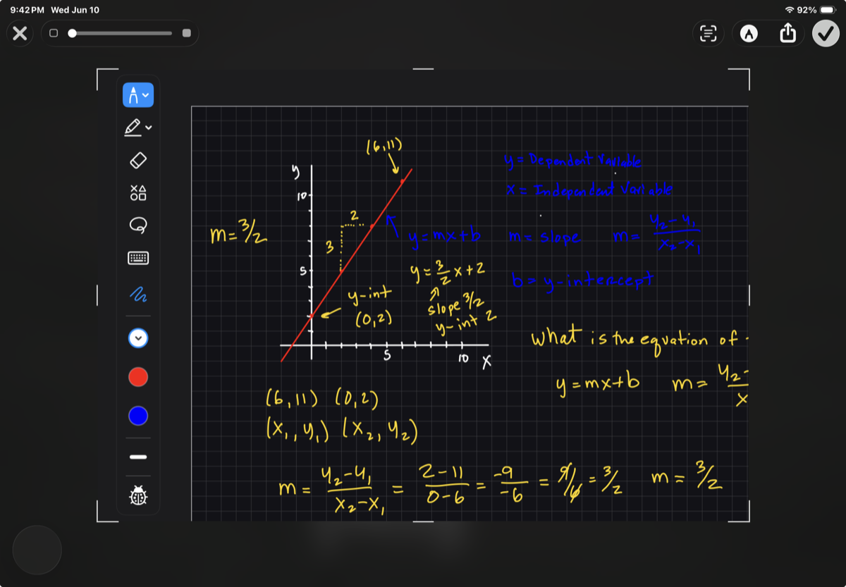 The floating drawing palette beside a dark notebook page with handwritten math