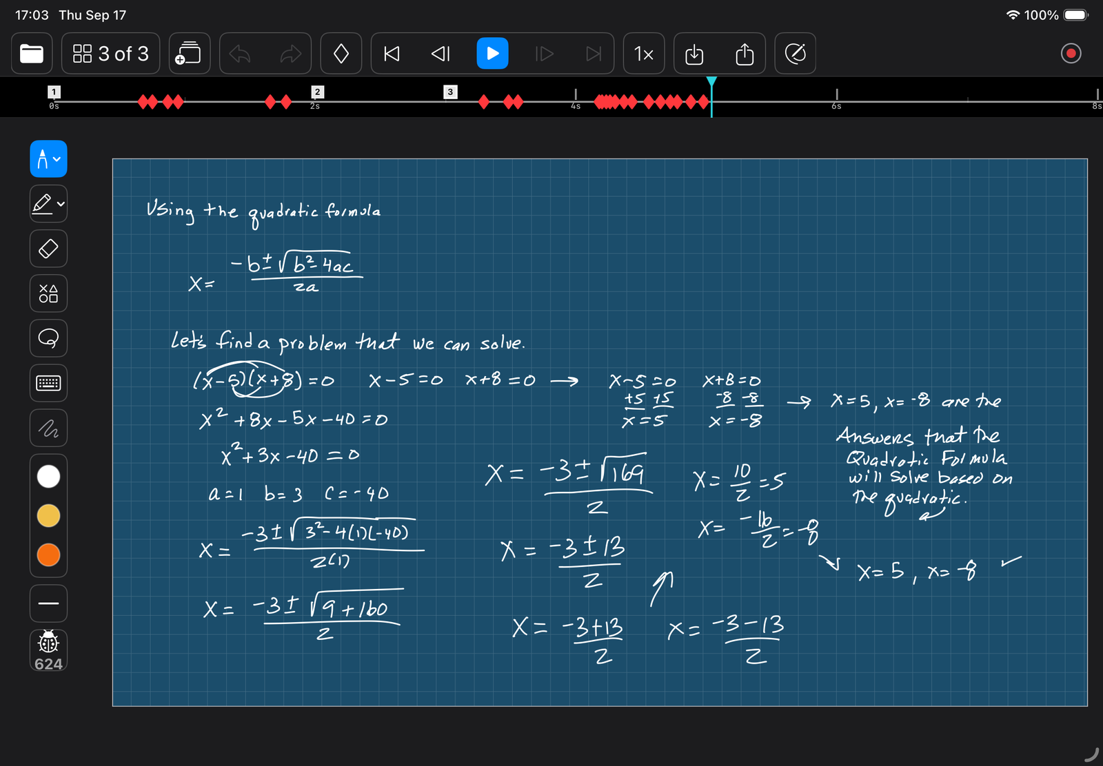 LectureGlyph on iPad: a handwritten lesson on the quadratic formula, worked out on blueprint paper, with the tool palette on the left and the top bar and timeline above the page