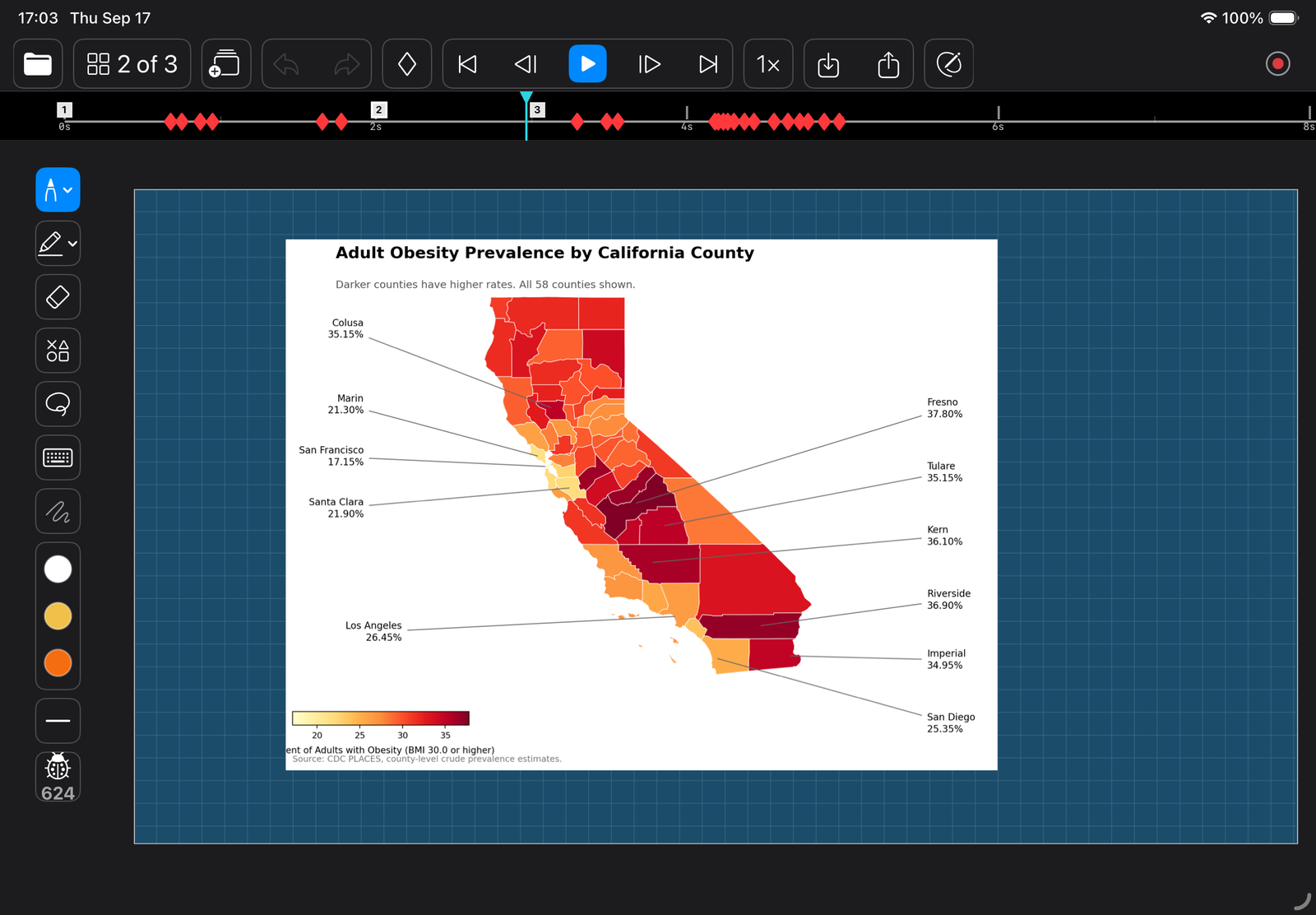 A lesson page with an imported picture, a map of adult obesity prevalence by California county, placed on blueprint paper