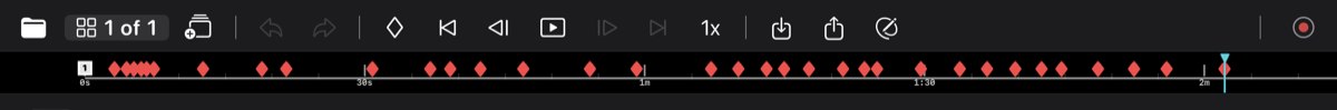 The LectureGlyph timeline: a ruler strip with red diamond pause points, page markers, playback transport, and a playhead